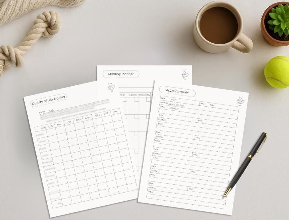 Preview of pages included in the Pet Quality of Life Journal, Essentials Edition