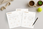 Three printable pet tracking sheets laid out on a light gray surface with a coffee cup, small succulent, tennis ball, rope, and pen around them. The sheets include fields for medication log, food tracker, and walk tracker with beige paw-print accents.