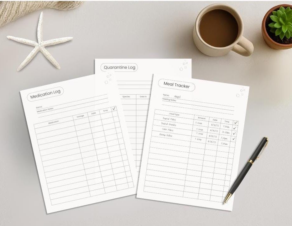 Preview of pages included in the Fish Care Planner, Printer-Friendly