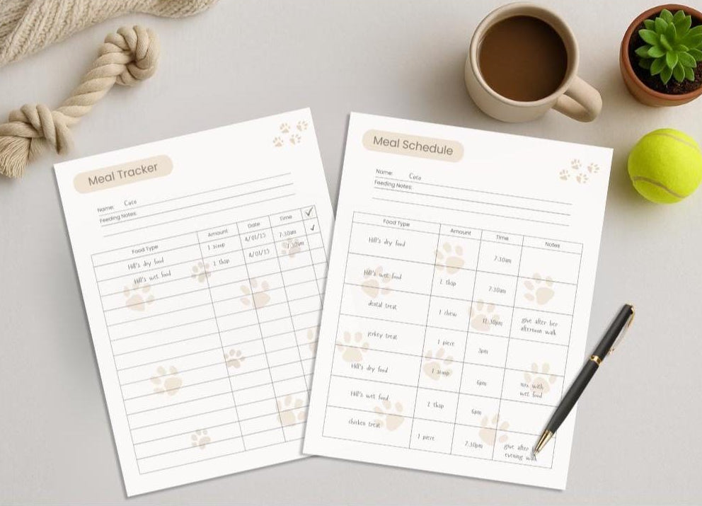 Preview of pages included in the Pet Meal Planner & Feeding Tracker, Full Color