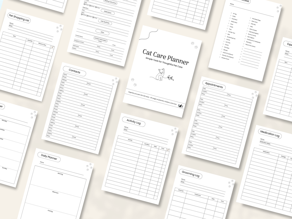 Cat Care Planner printer-friendly pages preview