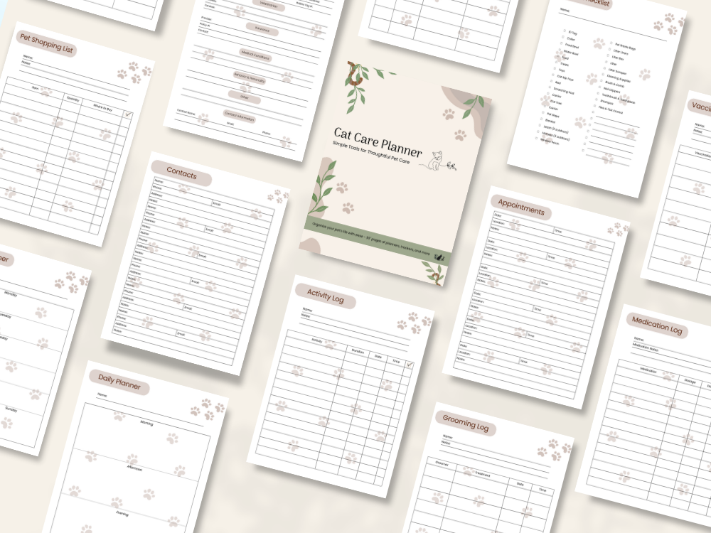 Cat Care Planner printable pages preview