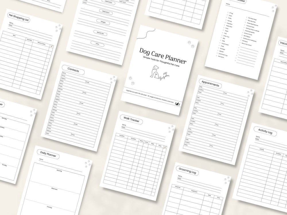 Dog Care Planner printer-friendly pages preview