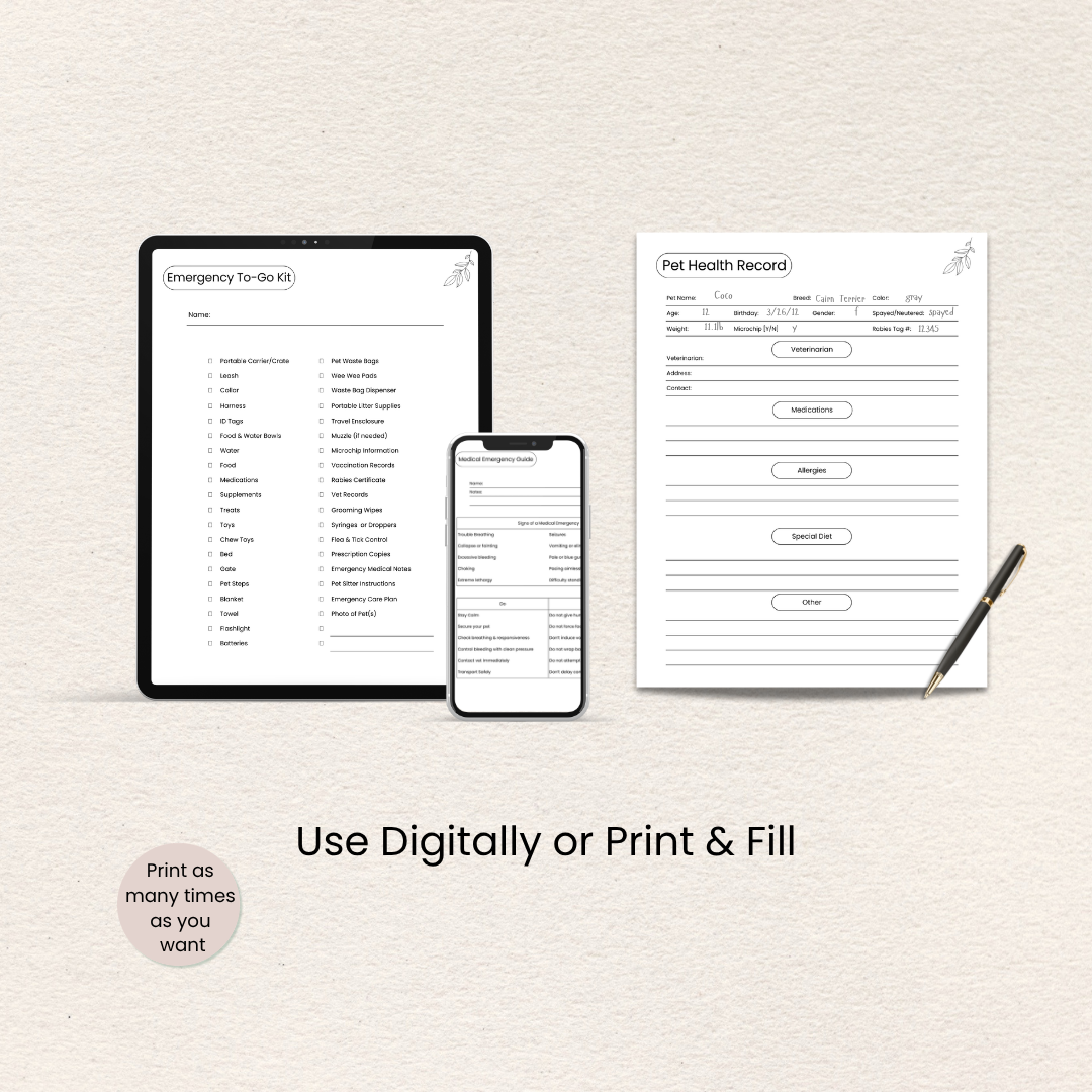 Preview of pages included in the Pet Emergency Care Planner