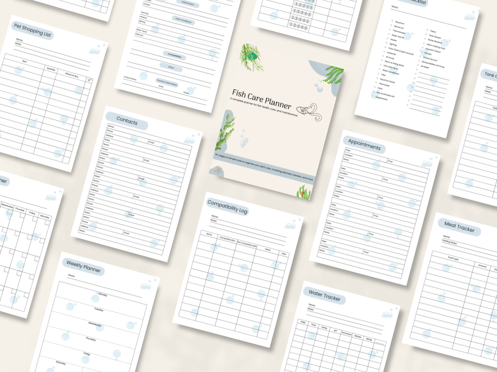 Preview of pages included in the Fish Care Planner, Full Color