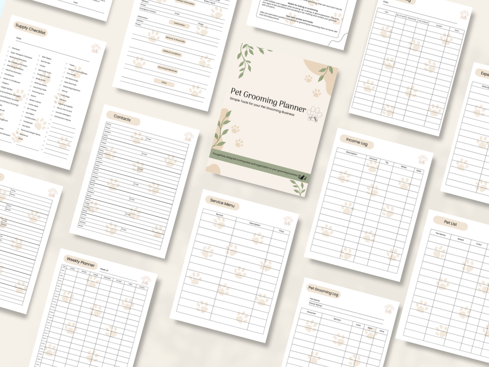 Preview of pages included in the Pet Grooming Business Planner, Full Color