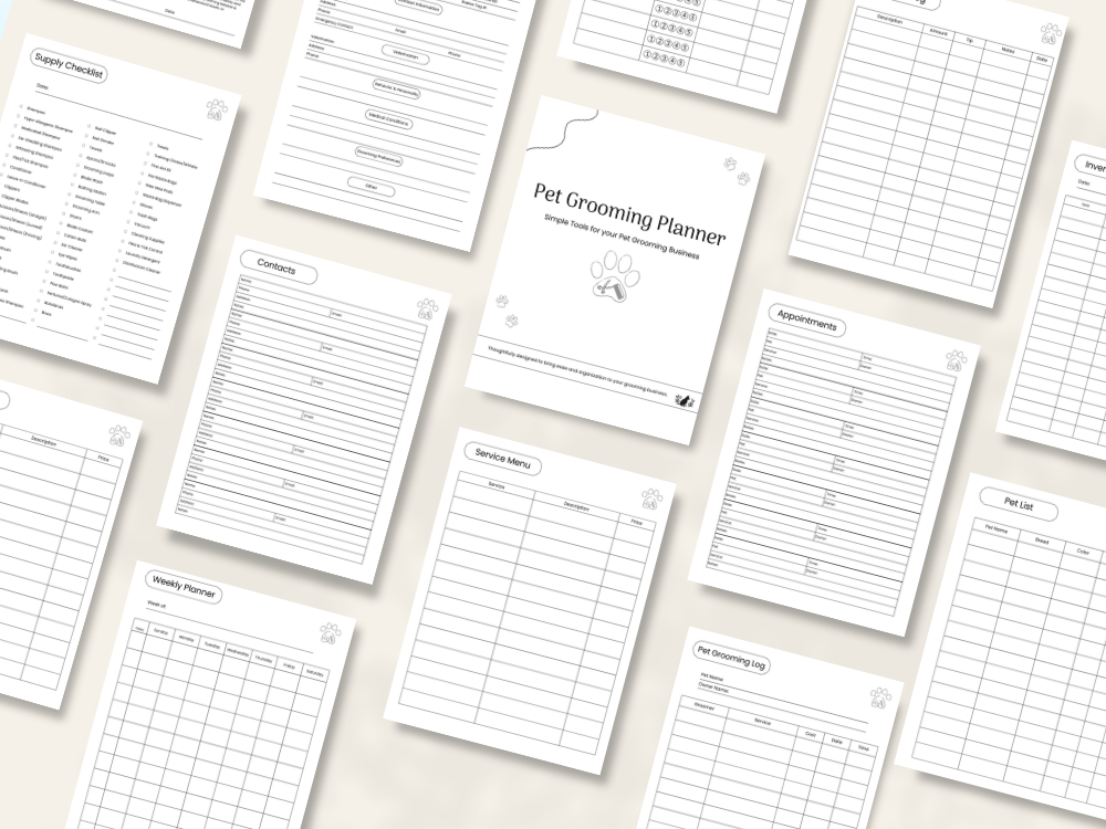 Preview of pages included in the Pet Grooming Business Planner, Printer-Friendly
