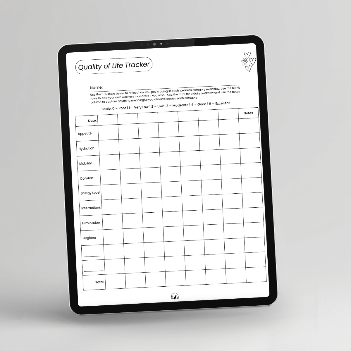 Pet Quality of Life Tracker, Mini Edition displayed on a tablet