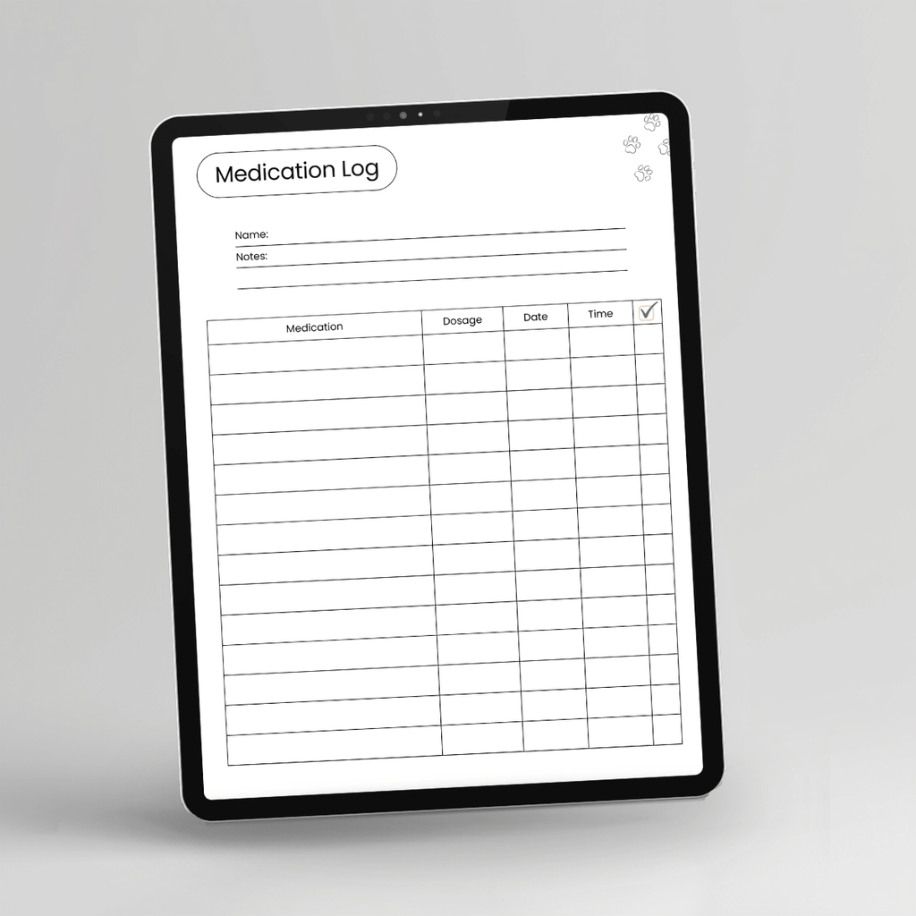 Pet Medication Planner & Tracker, Printer-Friendly displayed on a tablet