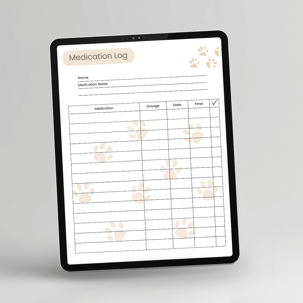 Pet Medication Planner & Tracker, Full Color displayed on a tablet