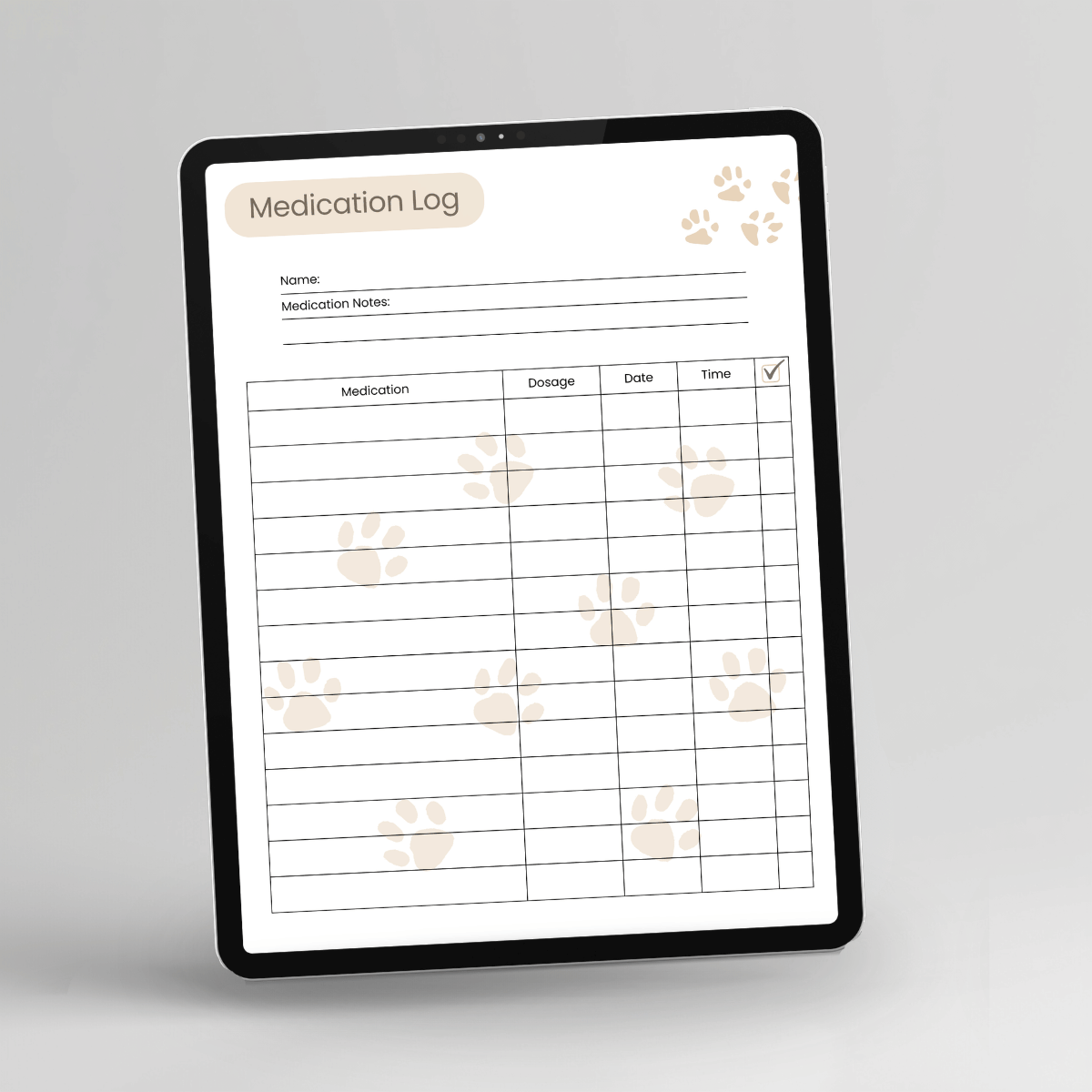 Pet Medication Planner & Tracker, Full Color displayed on a tablet