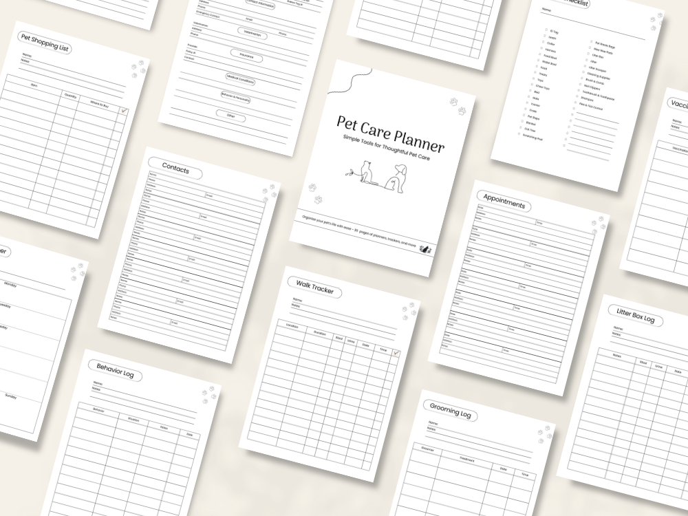 Preview of pages included in the Pet Care Planner, Printer-Friendly