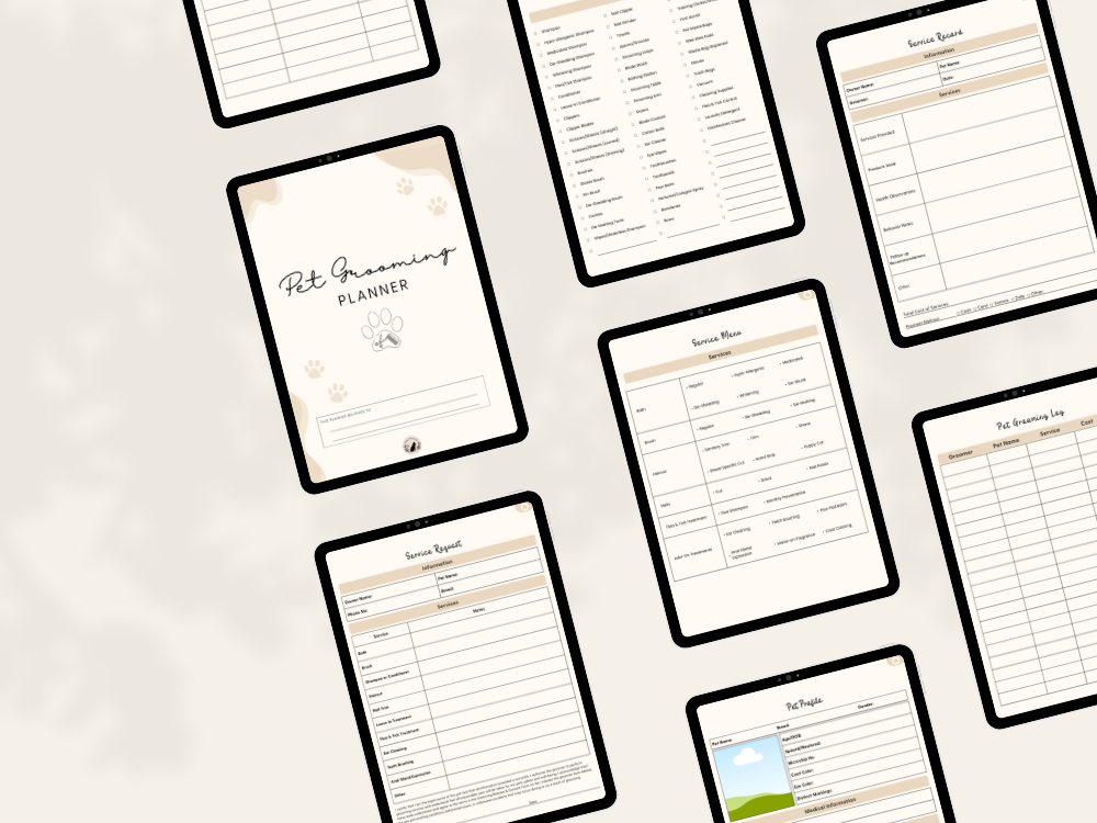 Preview of pages included in the Pet Grooming Business Planner, Digital