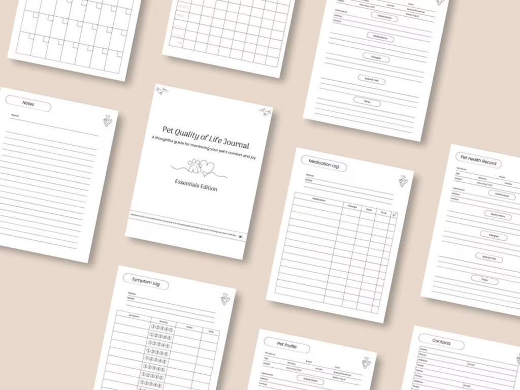 Preview of pages included in the Pet Quality of Life Journal, Essentials Edition