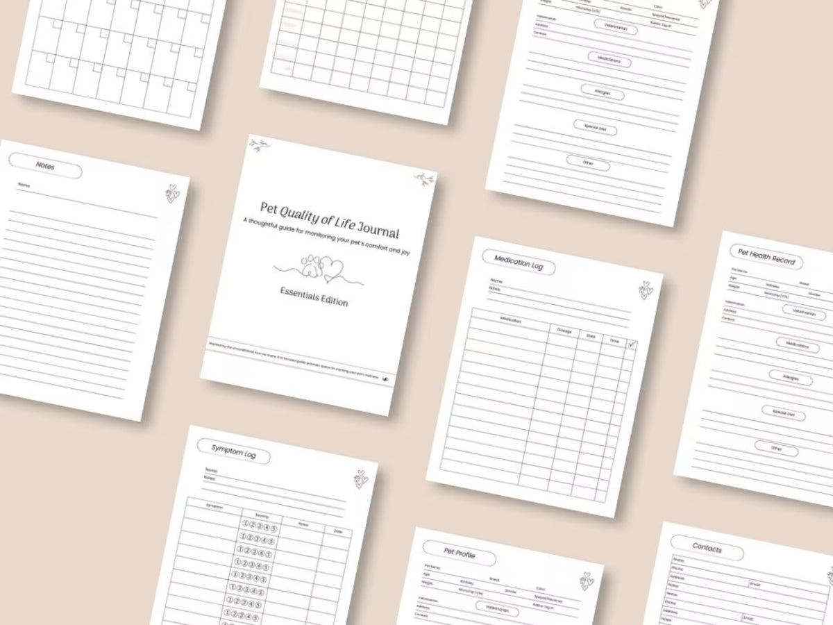 Preview of pages included in the Pet Quality of Life Journal, Essentials Edition