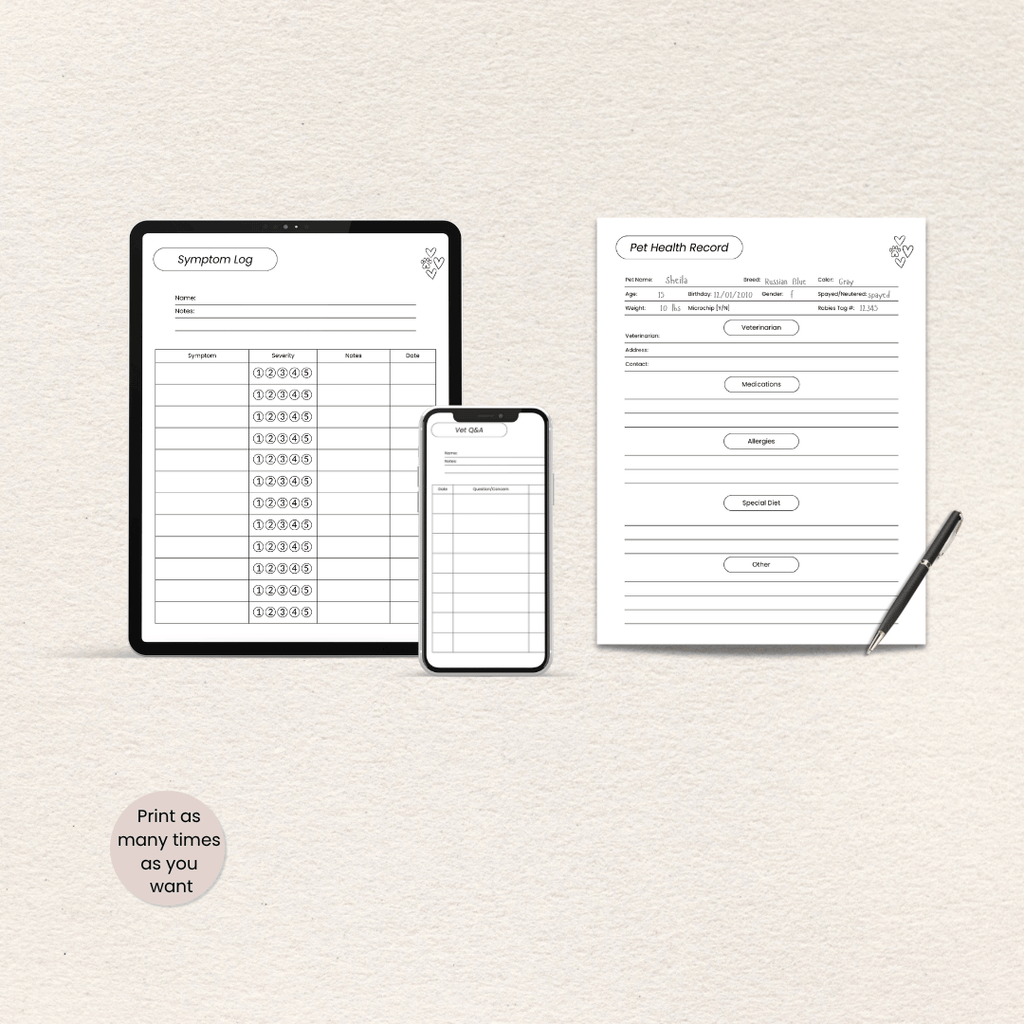 Preview of pages included in the Pet Quality of Life Journal, Essentials Edition