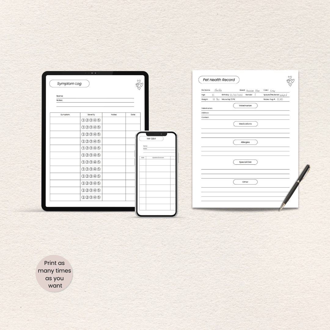 Preview of pages included in the Pet Quality of Life Journal, Essentials Edition