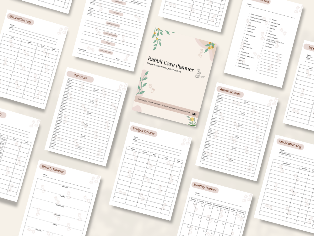 Preview of pages included in the Rabbit Care Planner, Full Color