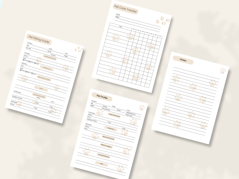 Preview of pages included in the Mini Pet Sitting Planner, Full Color