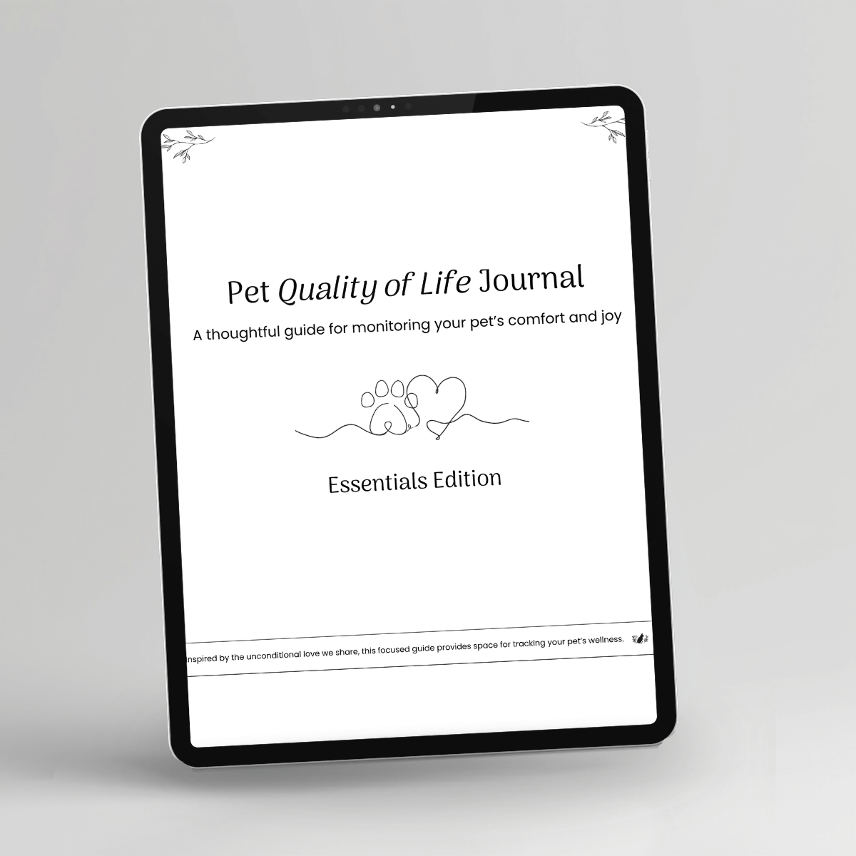 Pet Quality of Life Journal, Essentials Edition displayed on a tablet
