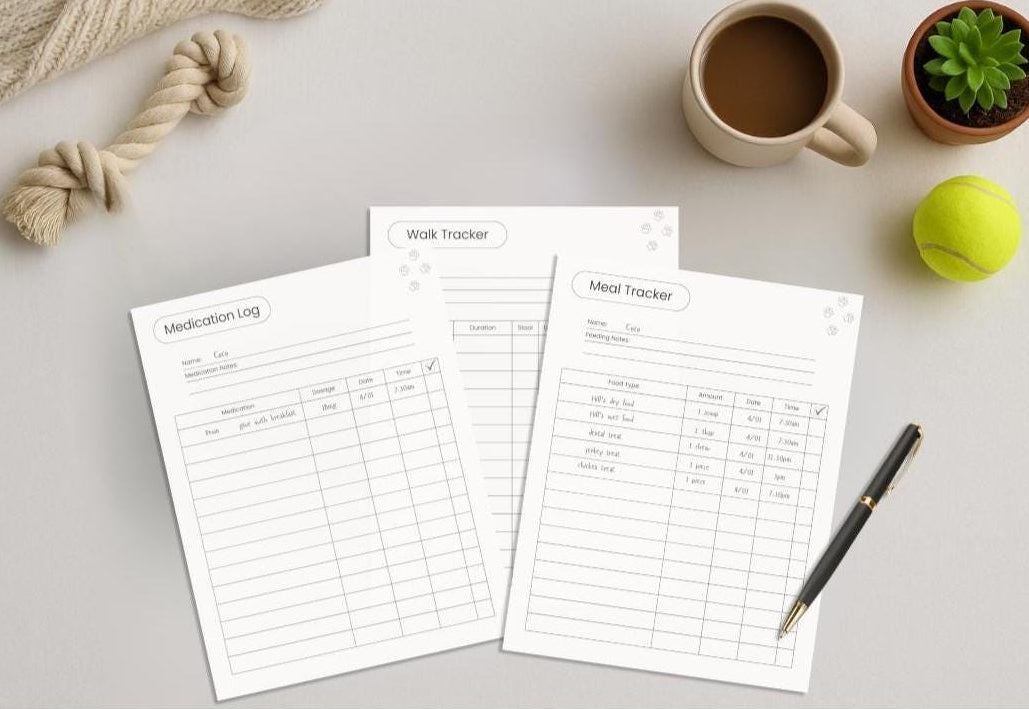 Three printable pet tracking sheets laid out on a light gray surface: a Medication Log, a Walk Tracker, and a Meal Tracker, with simple styled props.