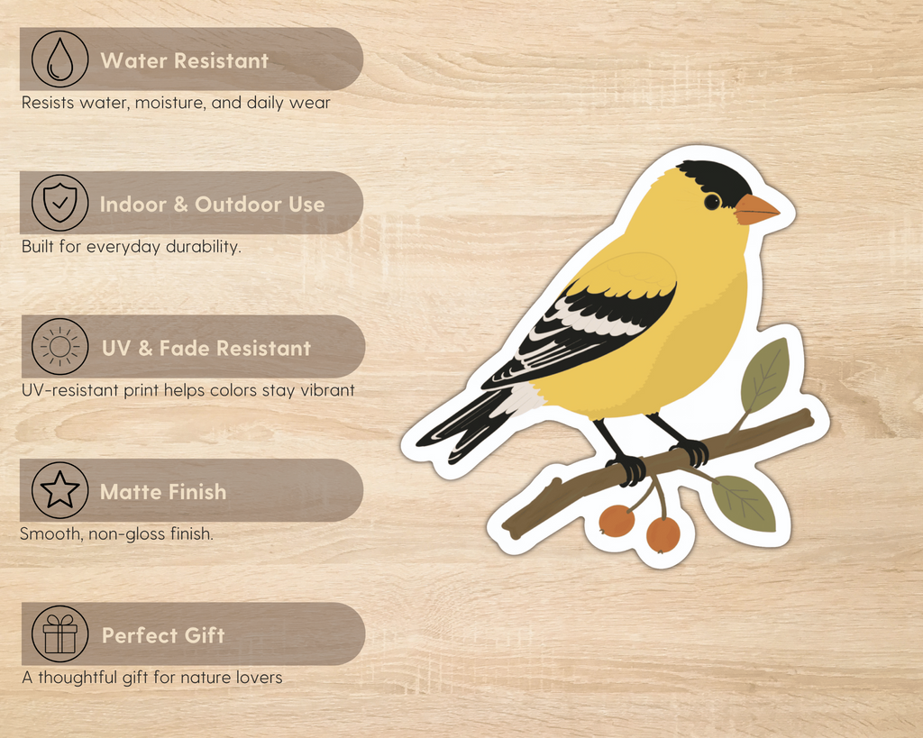 American Goldfinch sticker features including water resistance, indoor and outdoor use, UV resistance, matte finish and gift for nature lovers