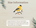 Size information for approximately 2.5 inch American Goldfinch die-cut vinyl sticker