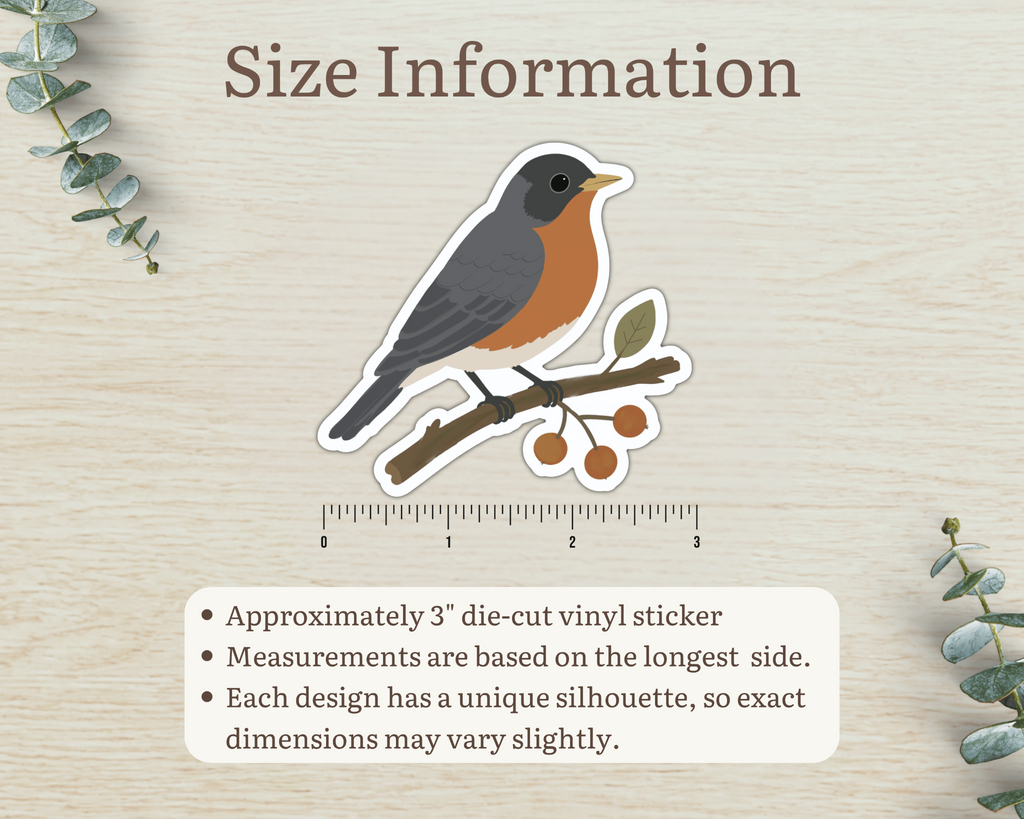 Size information for approximately 3 inch American Robin die-cut vinyl sticker