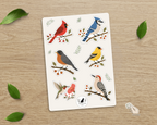 Backyard Birds 5 by 7 inch vinyl sticker sheet with six illustrated birds and botanical accents