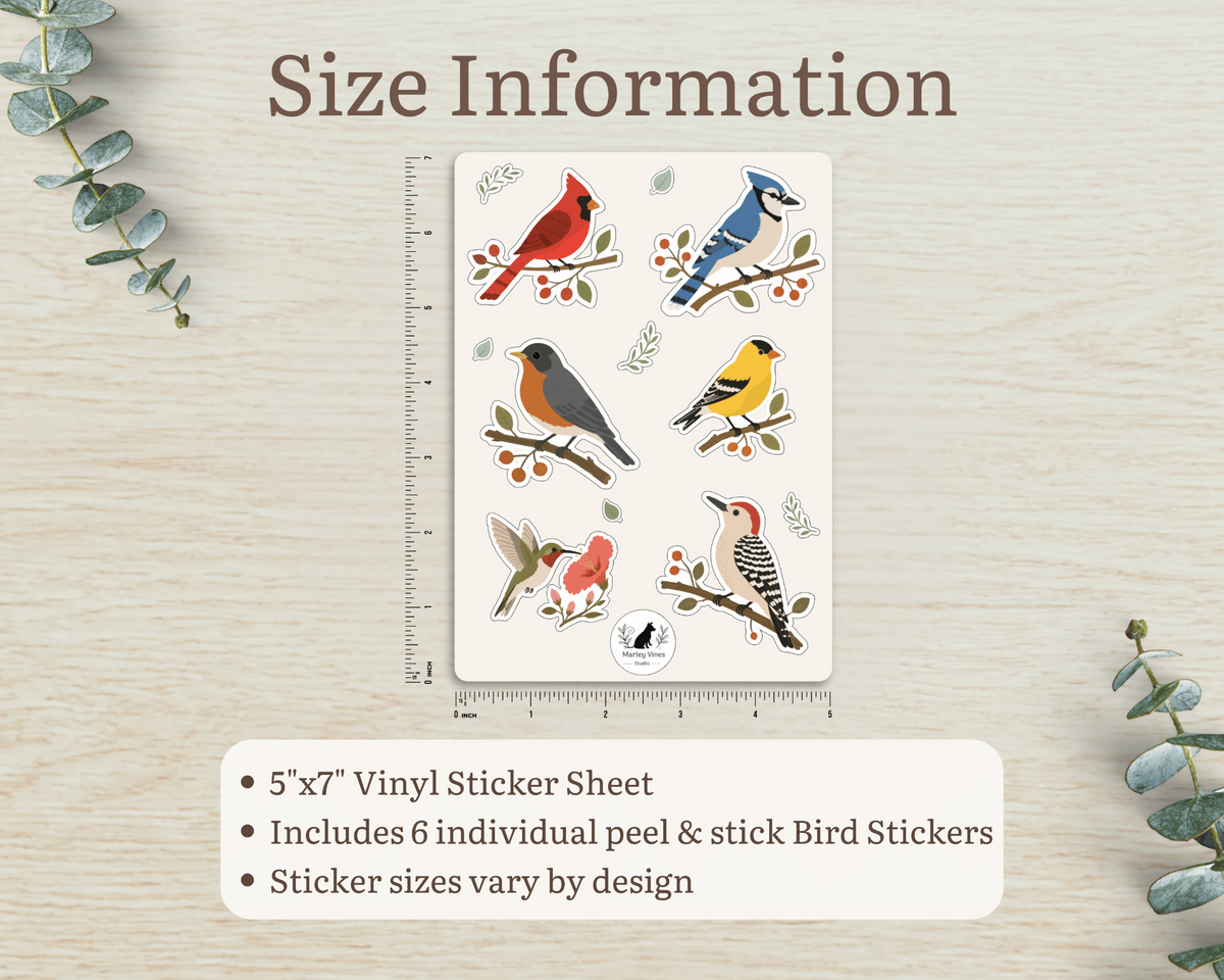 Size information showing the Backyard Birds sticker sheet measures 5 by 7 inches