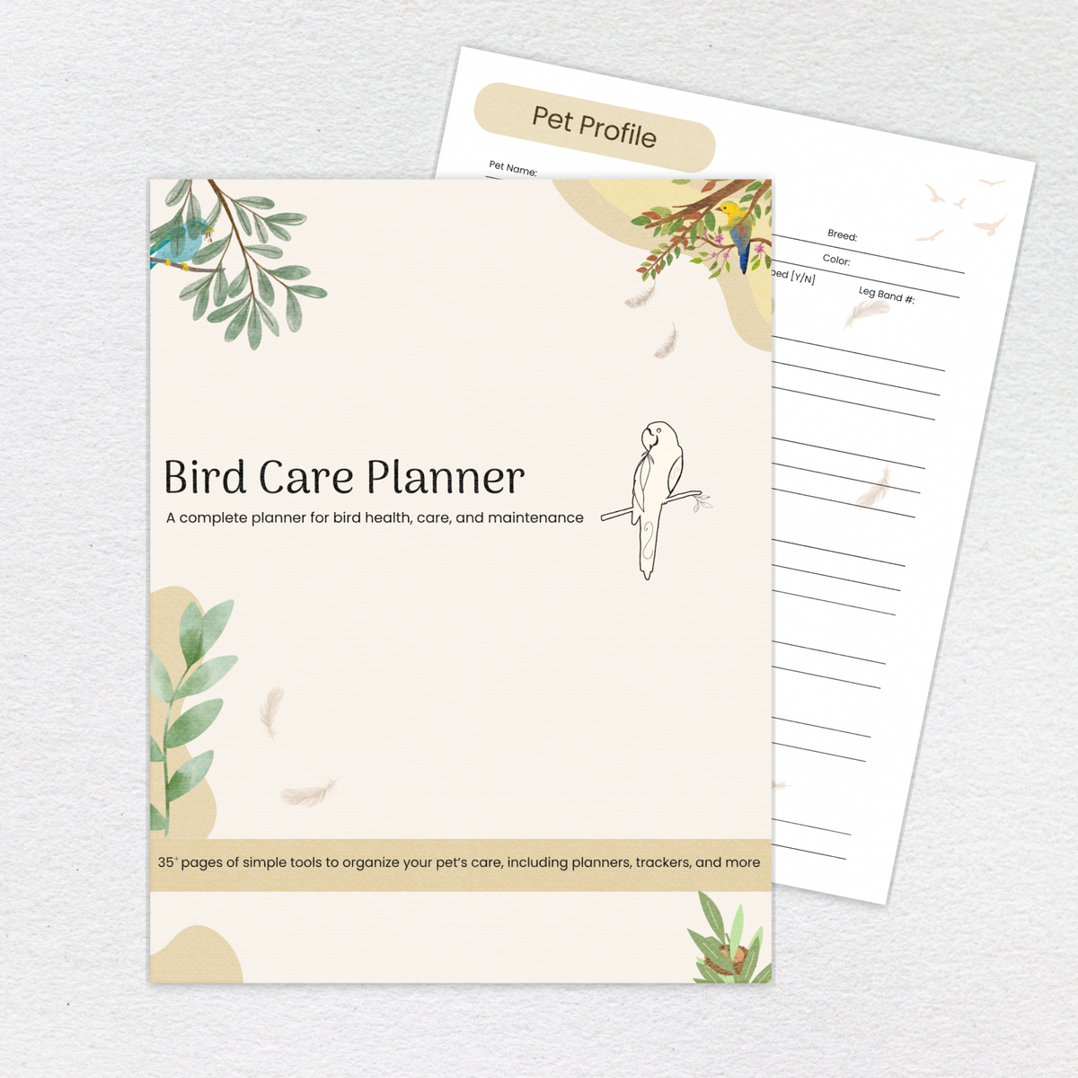 Bird Care Planner full-color printable PDF cover and interior page