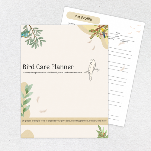 Bird Care Planner full-color printable PDF cover and interior page