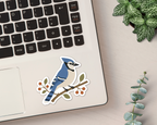 Blue Jay vinyl sticker shown on a laptop
