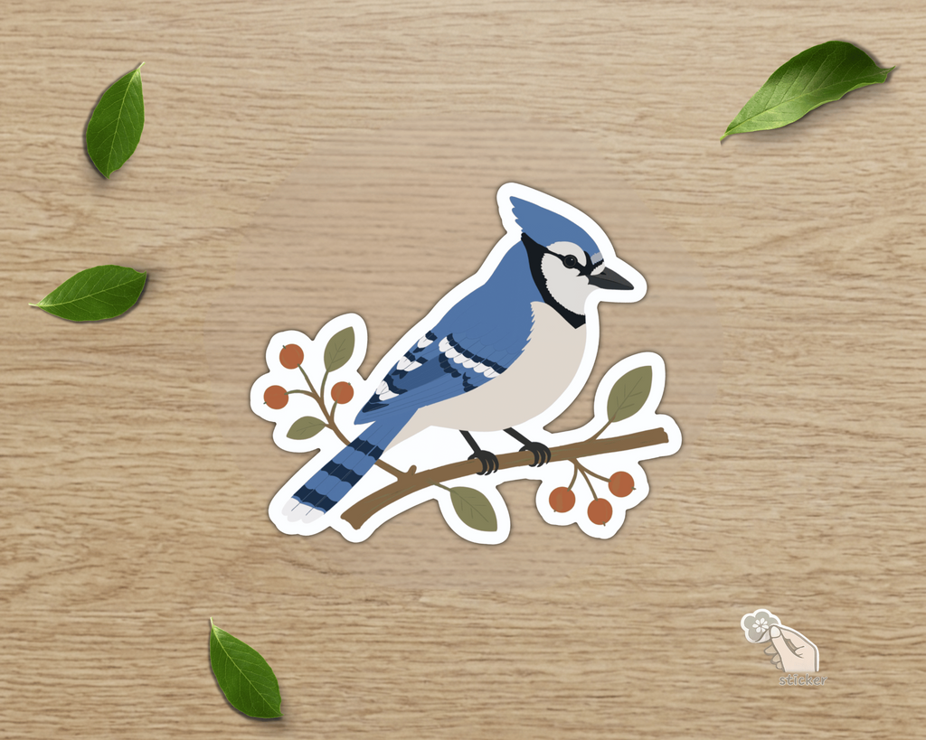 Blue Jay die-cut vinyl sticker with botanical branch and berries