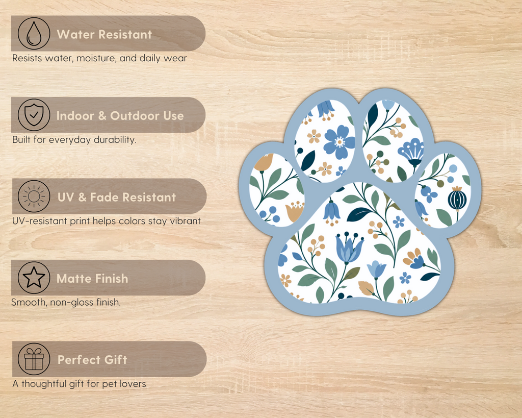 Bluebell Floral Paw Print Sticker features including water resistance, UV resistance and matte finish