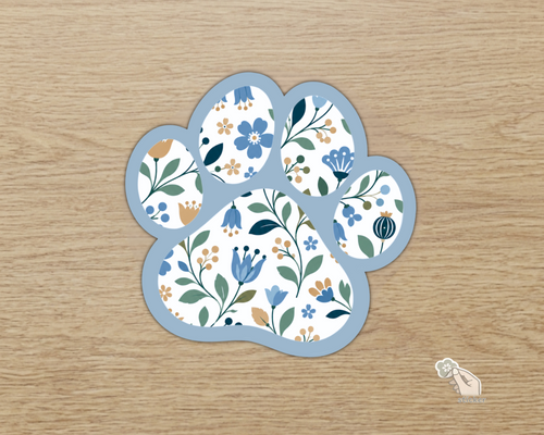 Bluebell Floral Paw Print Sticker with blue border and floral pattern
