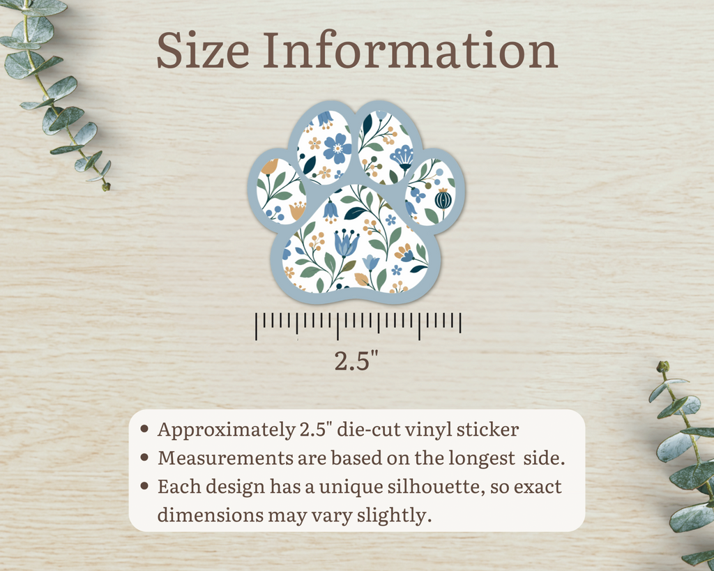Bluebell Floral Paw Print Sticker size information, approximately 2.5 inches