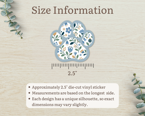 Bluebell Floral Paw Print Sticker size information, approximately 2.5 inches