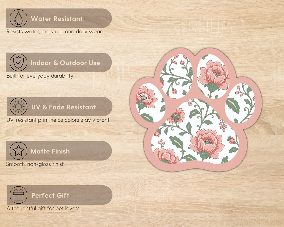 Blush Meadow Floral Paw Print Sticker features including water resistance, UV resistance and matte finish