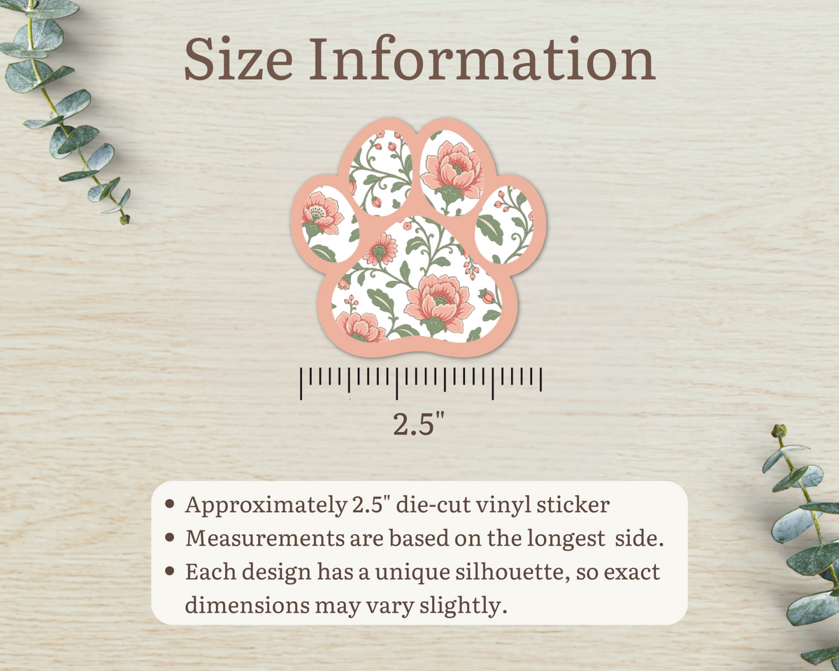 Blush Meadow Floral Paw Print Sticker size information, approximately 2.5 inches
