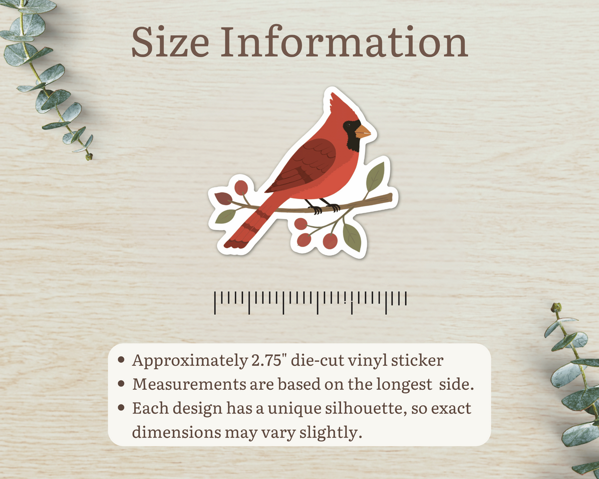 Size information for approximately 2.75 inch Northern Cardinal die-cut vinyl sticker