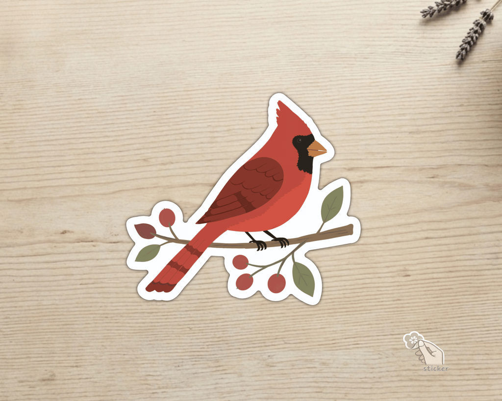 Northern Cardinal die-cut vinyl sticker with botanical branch and berries