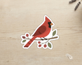 Northern Cardinal die-cut vinyl sticker with botanical branch and berries