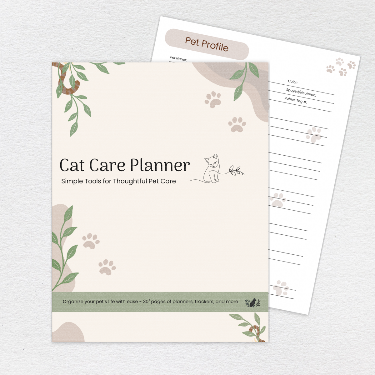 Cat Care Planner full-color printable PDF cover and interior page