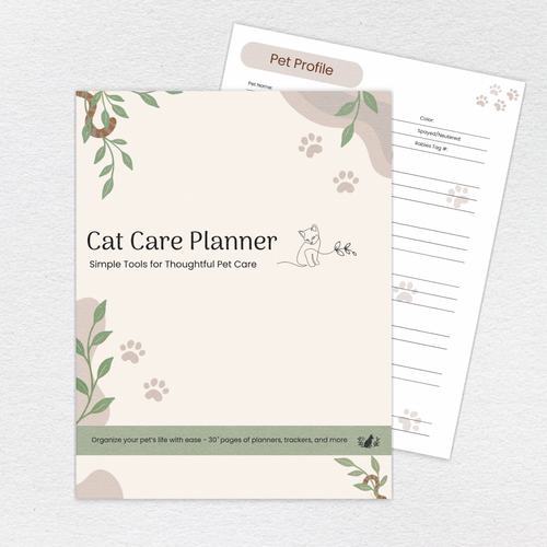 Cat Care Planner full-color printable PDF cover and interior page
