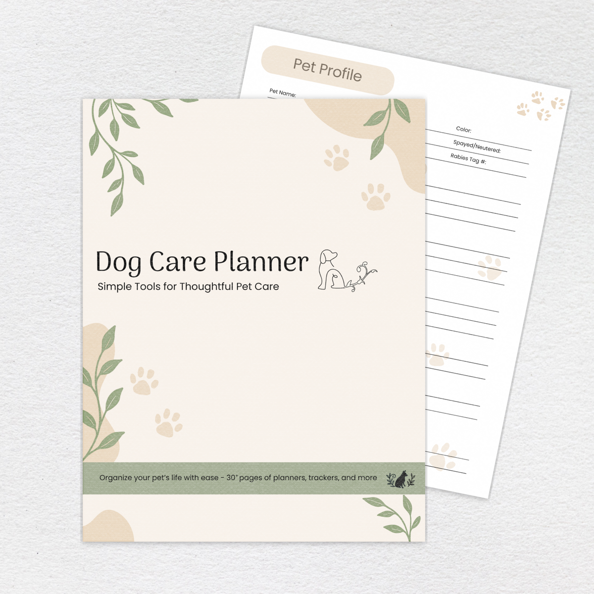 Dog Care Planner full-color printable PDF cover and interior page