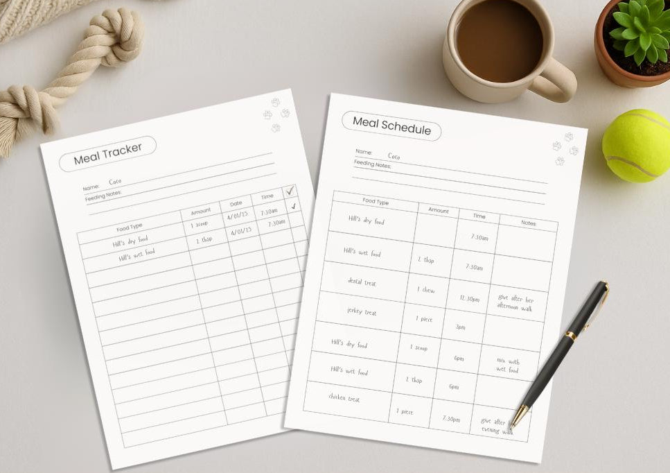 Preview of pages included in the Pet Meal Planner & Feeding Tracker, Printer-Friendly