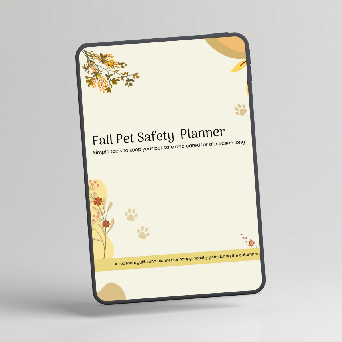 Fall Pet Safety Planner shown on an iPad mockup