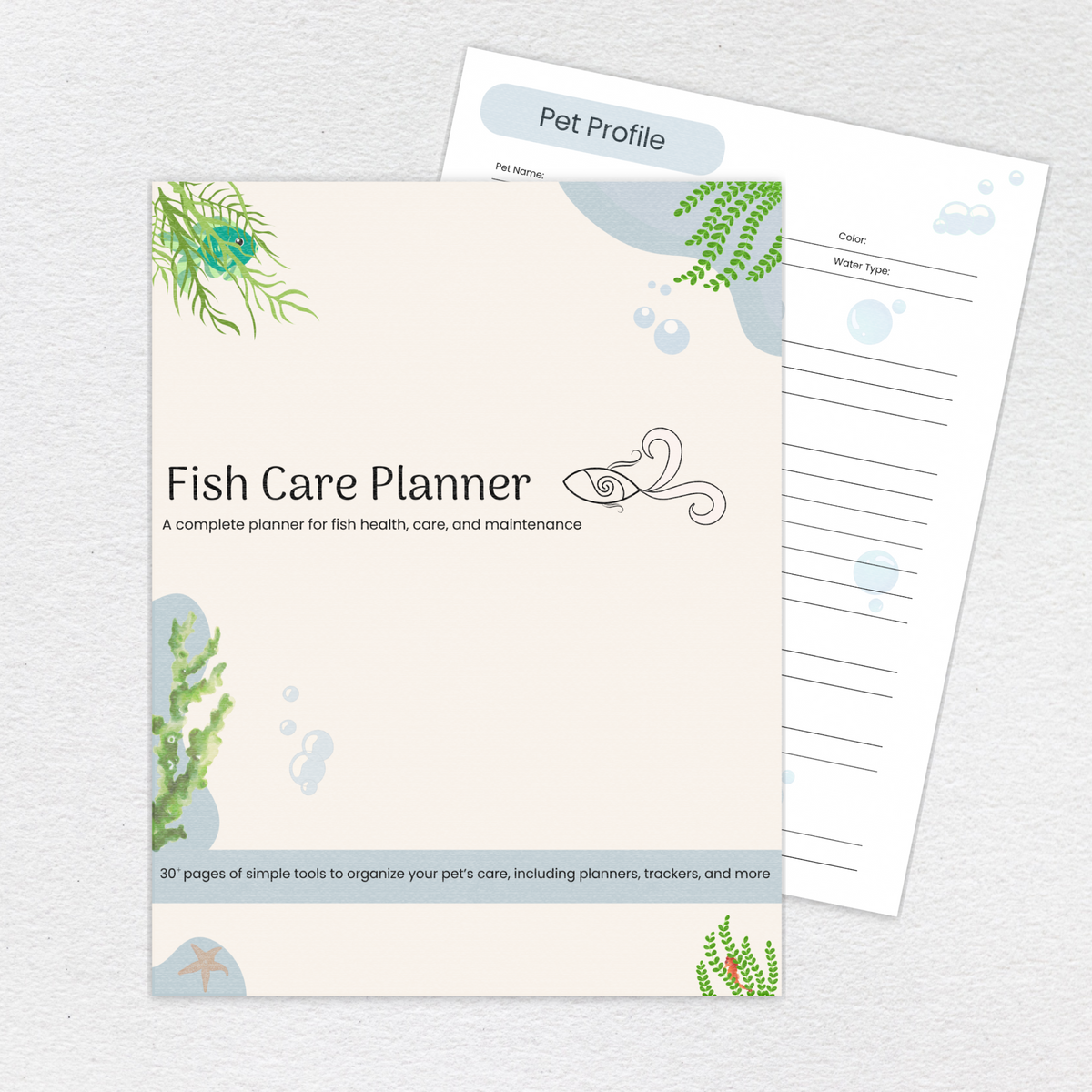 Fish Care Planner full-color printable PDF cover and interior page