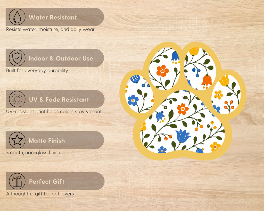 Goldenrod Floral Paw Print Sticker features including water resistance, UV resistance and matte finish